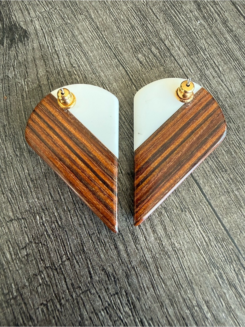Wood & White Geometric Drop Earrings